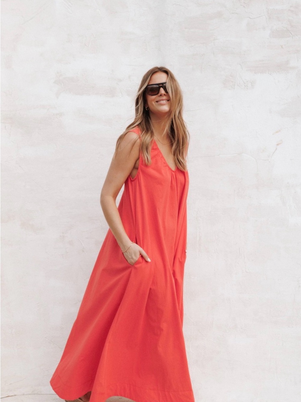 Petal & Pup Coral Maxi Sundress with V-Neck and Pockets